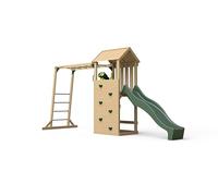 Plum Lookout Tower Wooden Play Centre with 8ft Slide - Climbing Wall and Ladder - Binocular Accessory Included - Suitable for Children 3 Years Plus (Forest Green Tower and Monkey Bars)