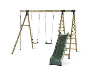 Plum Play Giant Baboon Double Swing Set Climbing Rope and 8ft Slide Outdoor Play Centre Round Pole FSC Wood - Suitable for 3 Years Plus -Max User 50kg per Accessory - 5 Year Wood Rot Warranty