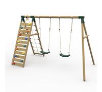 Plum Play Uakari Green Wooden Double Swing and Climbing Wall Set - Size: 210 x 190 x 340cm - n/a - Wilko