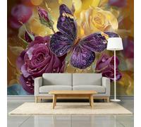 Plum Purple Photo Mural Wallpaper 200W x 140H cm, Classic Botanical Floral Rose Butterfly Durable Non-Woven Wall Art for Living Room Office Nursery Playroom - Purple Tear-Resistant Wallpaper Poster