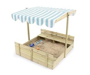 Plum Sandpit with Canopy - Wooden Sandpit Sandbox With Sun Protection Roof - The Height-Adjustable Canopy Two Wooden Side Benches - Cover and Liner included, 25509AA108