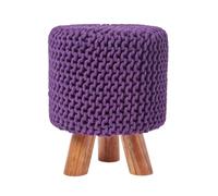 (Plum) Tall Knitted Cotton Footstool with Tripod Wooden Legs