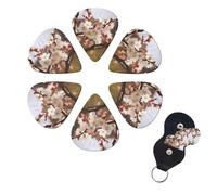 Plum Tree Blossom Guitar Picks 6 Pack, 0.46mm Thickness Celluloid Bass Pick with Leather Guitar Pick Holder Keychain Abstract Art Pics Plectrum for Acoustic Electric Guitar, Ukulele, Bass