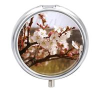 Plum Tree Blossom Pill Organizer Portable Pill Box Round Pill Case Exquisite Waterproof Travel Medicine Organizer Fashion Metal Pill Container for Vitamins Medicine Box