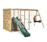 Plum Wooden Swing Sets for Backyard, Outdoor Toddler Slide, Playground Playsets, Monkey Bars, Jungle Gym, Swings, Rock Climbing Wall for Kids, Net, Trapeze, Metal Ladder, Weatherproof, Durable, Age 3+