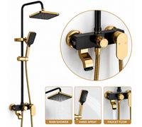 Plumb Empire Modern Bathroom Mixer Shower Set Exposed With Square Rainfall Shower Head & Handheld Shower - Triple Water Mode - Black & Gold