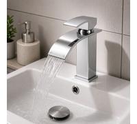 Plumb Empire Modern Waterfall Bathroom Basin Mixer Tap With Click Clack Waste - Curved Spout - Single Lever Sink Tap - Brushed Chrome