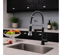Plumb Empire Premium Pull-Out Kitchen Mixer Tap Dual Spray Spout & Mono Single Lever - Black Chrome Modern Design