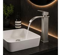 Plumb Empire Tall Countertop Waterfall Bathroom Basin Mixer Tap With Click Clack Waste, High Rise Single Lever Sink Tap, Brushed Chrome