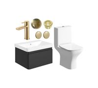 Plumb Warehouse Como 600mm Basin Unit and Close Coupled WC Pack - Matt Black with Brushed Brass Finishes Finish: Matt Black with Brushed Brass Finishe