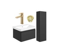 Plumb Warehouse Como 600mm Basin Unit and Tall Unit Pack - Matt Black with Brushed Brass Finishes Finish: Matt Black with Brushed Brass Finishes