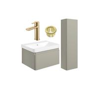 Plumb Warehouse Como 600mm Basin Unit and Tall Unit Pack - Matt Latte with Brushed Brass Finishes Finish: Matt Latte with Brushed Brass Finishes