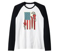 Plumber American Flag Pipe Wrench 4th of July Plumbing Raglan Baseball Tee