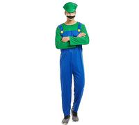 Plumber Brothers Costume Boy/Adult Dress Up Costume with Mustache and Hat for Carnival and Cosplay, Red and Green, S/M/L/XL