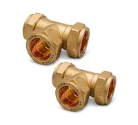 PlumbEZ 22mm Compression Tee Fittings Pack of 2 - Brass Equal Tee Connector for Copper Pipe, 22mm Plumbing Fittings, Compact C x C x C Pipe Joint