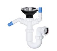 PlumbEZ Kitchen Sink Waste Kit - 40mm Twin Nozzle P Trap with Basket Strainer Waste, Washing Machine & Dishwasher Connection, No Overflow