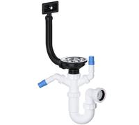 PlumbEZ Kitchen Sink Waste Kit with Rectangular Overflow - 40mm Twin Nozzle P Trap, Basket Strainer Waste, Washing Machine & Dishwasher Connection