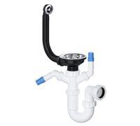PlumbEZ Kitchen Sink Waste Kit with Round Overflow - 40mm Twin Nozzle P Trap, Basket Strainer Waste, Washing Machine & Dishwasher Connection