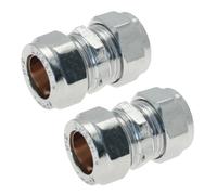 PlumbEZ WRAS 15mm Chrome Plated Compression Straight Connectors 2 Pack BS EN 1254-2 Compliant Coupling Plumbing Fittings for Copper Pipe, Ideal for 15mm Copper Pipe Connections