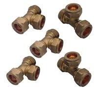 PlumbEZ WRAS Approved 15mm Brass Compression Tee Fittings for Copper & Plastic Pipe - Leak-Proof 3-Way Plumbing Connectors for Hot & Cold Water Systems - No-Solder Multi-Pack Options (5)