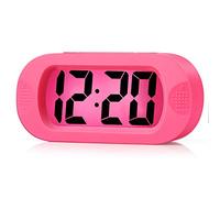 Plumeet Digital Alarm Clock Travel Clock with Snooze and Nightlight - Easy to Set Simple Bedside Alarm Clocks for Kids - Ascending Sound - Battery Powered (Pink)
