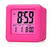 Plumeet Easy Setting Digital Travel Alarm Clock with Snooze, Soft Nightlight, Large Display Time & Month & Date & Alarm, Ascending Sound Alarm & Handheld Sized, Best Gift for Kids (Hot Pink)
