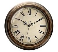 Plumeet Metal Wall Clock, 13'' Non Ticking Classic Silent Iron Wall Clocks Decorative Kitchen Living Room Bedroom, Roman Numerals, Battery Operated, Brown