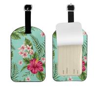Plumeria and Hibiscus Flowers Print Exotic Jungle Palm Leaf,Luggage Tags Pu Leather Name Tag Travel Suitcase Identifier ID Tags Durable Baggage Label 2 pcs
