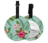 Plumeria and Hibiscus Flowers Print Exotic Jungle Palm Leaf,Luggage Tags Pu Leather Name Tag Travel Suitcase Identifier ID Tags Durable Baggage Label 2 pcs