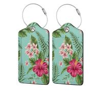 Plumeria and Hibiscus Flowers Print Exotic Jungle Palm Leaf,Luggage Tags Pu Leather Name Tag Travel Suitcase Identifier ID Tags Durable Luggage Label 2 pcs