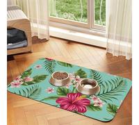 Plumeria And Hibiscus Flowers Print Exotic Jungle Palm Leaf,Waterproof Pet Feeding Mat,PU Leather Placemats for Cat Dog Water Bowl,Food Mats,40x60cm