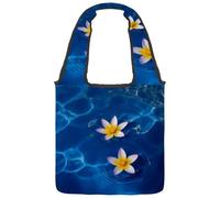 Plumeria Flower in the Water Reversible Canvas Shoulder Tote - Double-Sided Print, 12oz Cotton, 27cm Drop, Fold-Flat Bag for Travel, Shopping, Street Outings