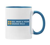 Plumfoolery Funny Vegan Mug Sex Drugs & Vegan Sausage Rolls Greggs Gift (Blue)