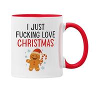 Plumfoolery I Just Love Christmas Mug or Coaster, Funny Gingerbread Man Novelty Gift Xmas Present | Dishwasher Safe Ceramic 11oz Coffee Cup | Handprinted in The UK (Red Mug)