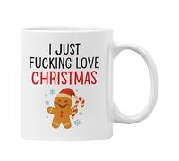Plumfoolery I Just Love Christmas Mug or Coaster, Funny Gingerbread Man Novelty Gift Xmas Present | Dishwasher Safe Ceramic 11oz Coffee Cup | Handprinted in The UK (White Mug)