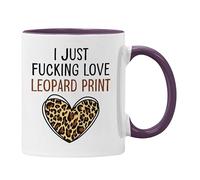 Plumfoolery I Just Love Leopard Print Mug or Coaster, Funny Animal Print Obsessed | Dishwasher Safe Ceramic 11oz Coffee Cup | Handprinted in The UK (Purple Mug)