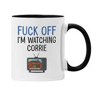 Plumfoolery I'm Watching Corrie Mug & Coaster: Funny Soap Opera Gift, Coronation Street Mothers Day or Birthday - 11oz Ceramic Coffee Cup with Optional MDF Mat (Black Mug)