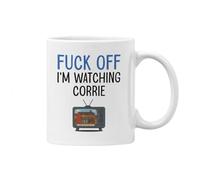 Plumfoolery I'm Watching Corrie Mug & Coaster: Funny Soap Opera Gift, Coronation Street Mothers Day or Birthday - 11oz Ceramic Coffee Cup with Optional MDF Mat (White Mug)