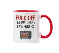 Plumfoolery I'm Watching Eastenders Mug & Coaster: Funny Soap Opera Gift, Mothers Day or Birthday - 11oz Ceramic Coffee Cup with Optional MDF Mat (Red Mug)