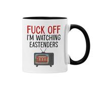 Plumfoolery I'm Watching Eastenders Mug & Coaster: Funny Soap Opera Gift, Mothers Day or Birthday - 11oz Ceramic Coffee Cup with Optional MDF Mat (Black Mug)