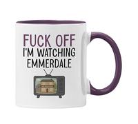 Plumfoolery I'm Watching Emmerdale Mug & Coaster: Funny Soap Opera Gift, Mothers Day or Birthday - 11oz Ceramic Coffee Cup with Optional MDF Mat (Purple Mug)