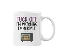 Plumfoolery I'm Watching Emmerdale Mug & Coaster: Funny Soap Opera Gift, Mothers Day or Birthday - 11oz Ceramic Coffee Cup with Optional MDF Mat (White Mug)