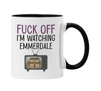 Plumfoolery I'm Watching Emmerdale Mug & Coaster: Funny Soap Opera Gift, Mothers Day or Birthday - 11oz Ceramic Coffee Cup with Optional MDF Mat (Black Mug)