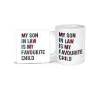 Plumfoolery My Son in Law is My Favourite Child Mug & Coaster: Funny Gift for or from Mother or Father in Law (White, Mug & Coaster Set)