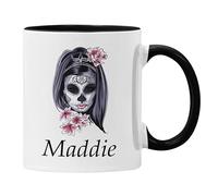 Plumfoolery Personalised Sugar Skull Day of The Dead Mug Any Name or Text Gift for Her (Black)