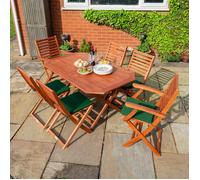 Rowlinson Plumley 6-Seater Dining Set, Eucalyptus Hardwood, Green Cushions, Brown