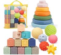 Plunack 24 Pack Montessori Toys for Babies, Soft Building Blocks for Baby, Sensory Teethers Toy Educational Squeeze Play Stacking Toys Gifts for Baby Boys Girls 6 9 12 Months 1 2 3 Year Old