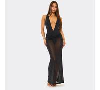 Plunge Bodysuit And Asymmetric Ruched Maxi Skirt Co-Ord Set In Sheer Black Glitter Mesh, Women's Size UK 8
