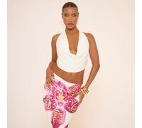 Plunge Cowl Neck Tie Back Detail Crop Top In White, Women's Size UK 14