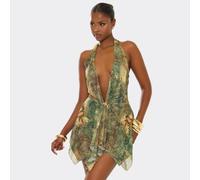 Plunge Frill Trim Front Detail Mini Dress In Green Printed Mesh, Women's Size UK 6
